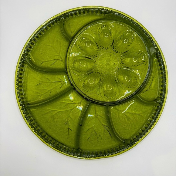 Green Deviled Egg Relish Tray Tree Of Life Divided Platter Glass 12 3/4" - Picture 1 of 6